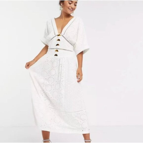 ASOS Broderie White Button Through Eyelet Midi Dress Size 4 - Picture 1 of 8